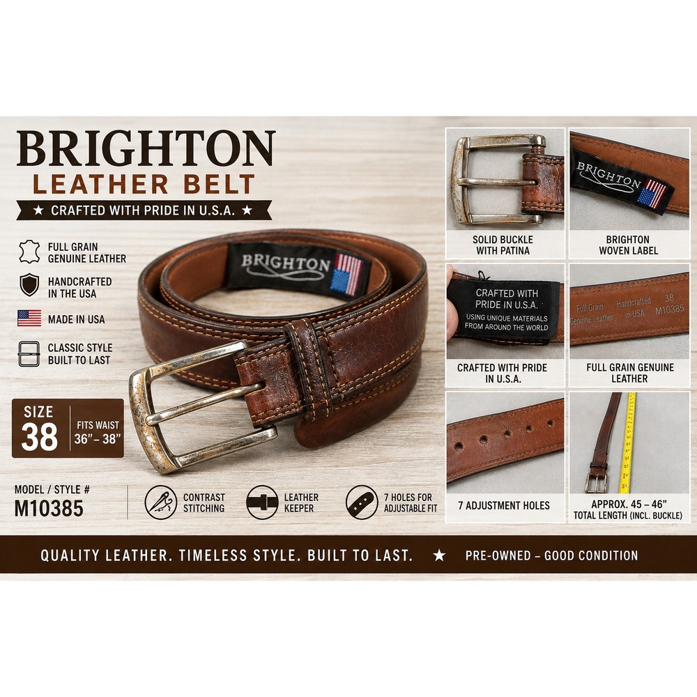 Brighton Mens Brown Full Grain Leather Belt USA Made Size 38 M10385
